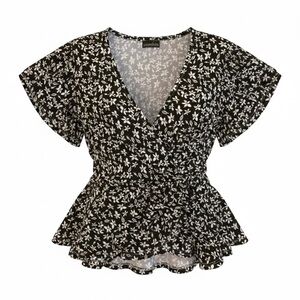 Zenobia Black & White Floral Wrap Blouse – 1XL